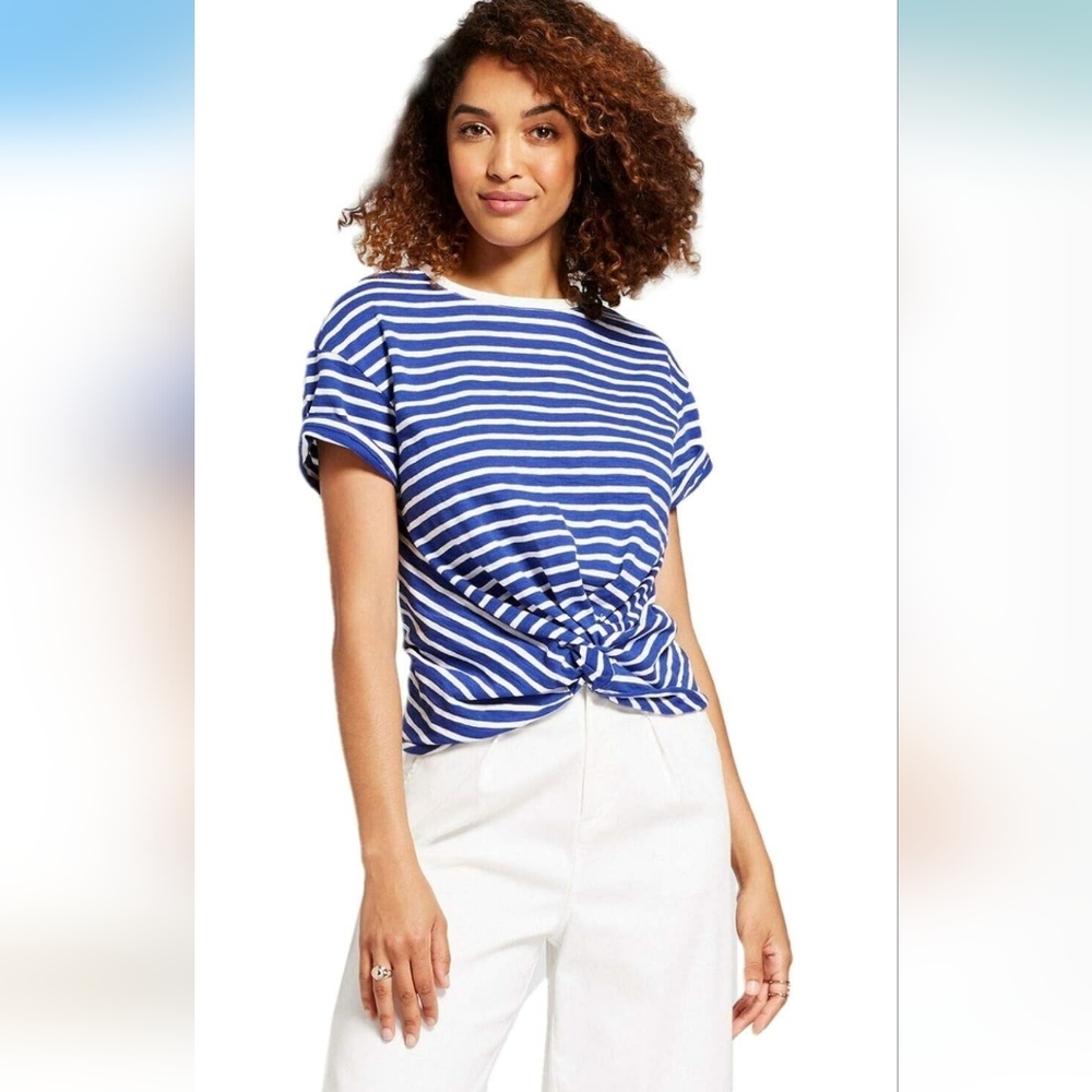 A NEW DAY Blue Striped Knot Front Top
